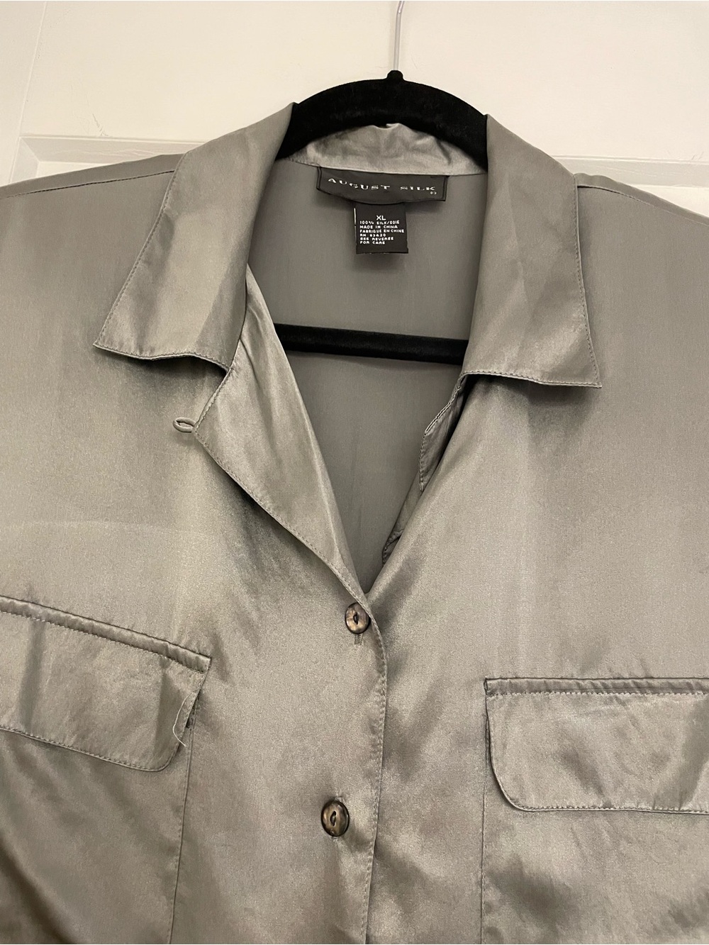 August Silk Brand  Silk Short-Sleeve Button-Down Blouse in Charcoal - Picture 6 of 9